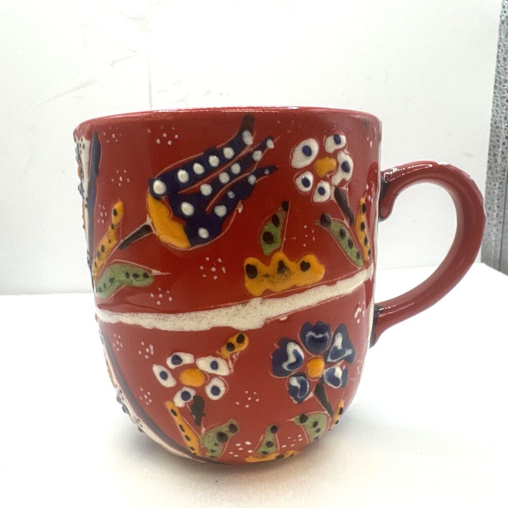 Multicolor Turkish Ceramic Coffee Tea Mug Raised Paint. Beautiful Red - Picture 2 of 10